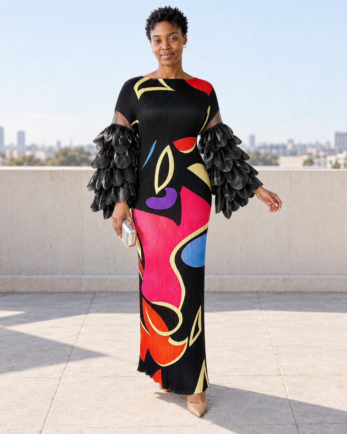 Ferina Petal-Sleeve Kaftan — Black Abstract — Model 8 — front view