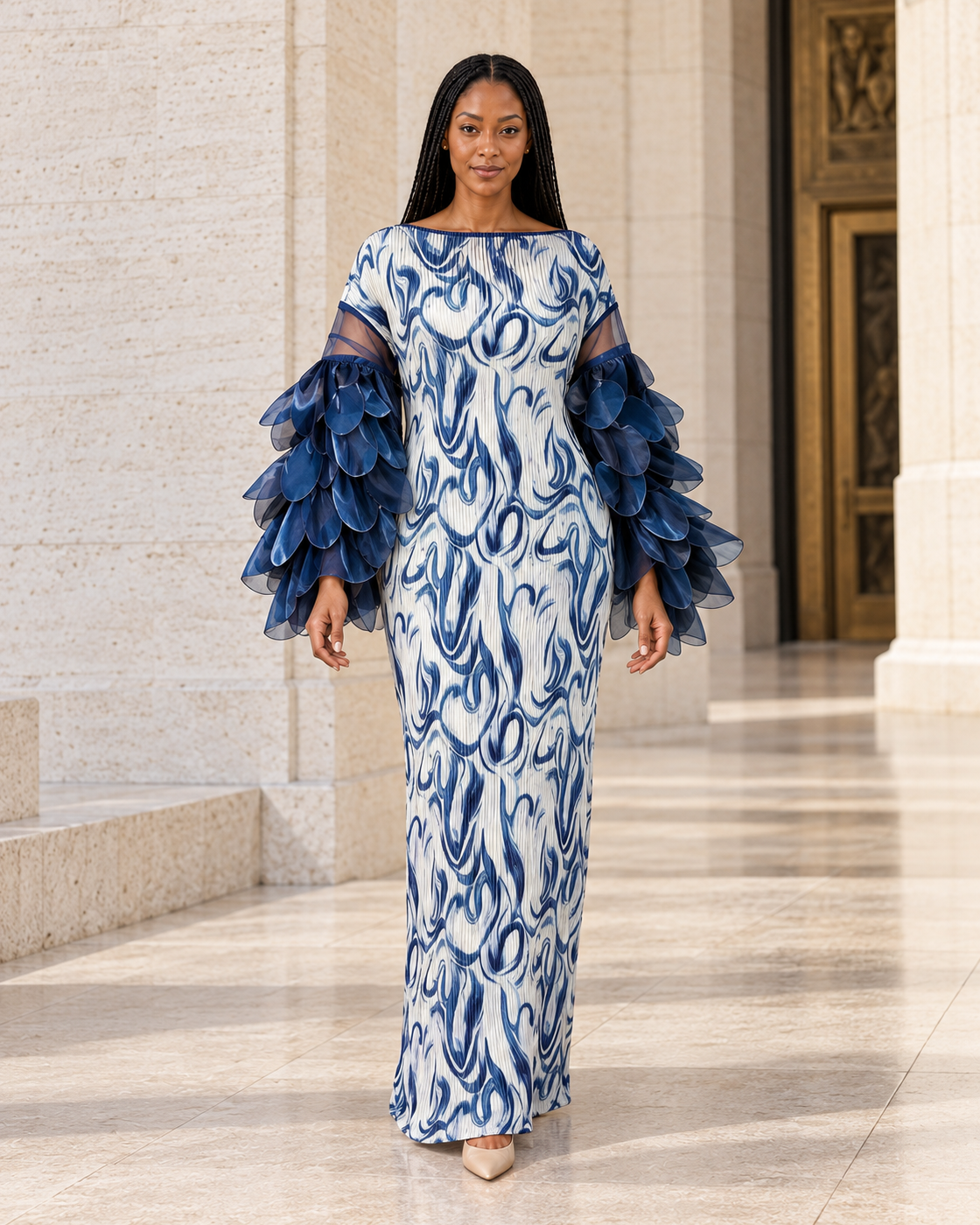 Ferina Petal-Sleeve Kaftan — Blue Swirl — Model 1 — front view