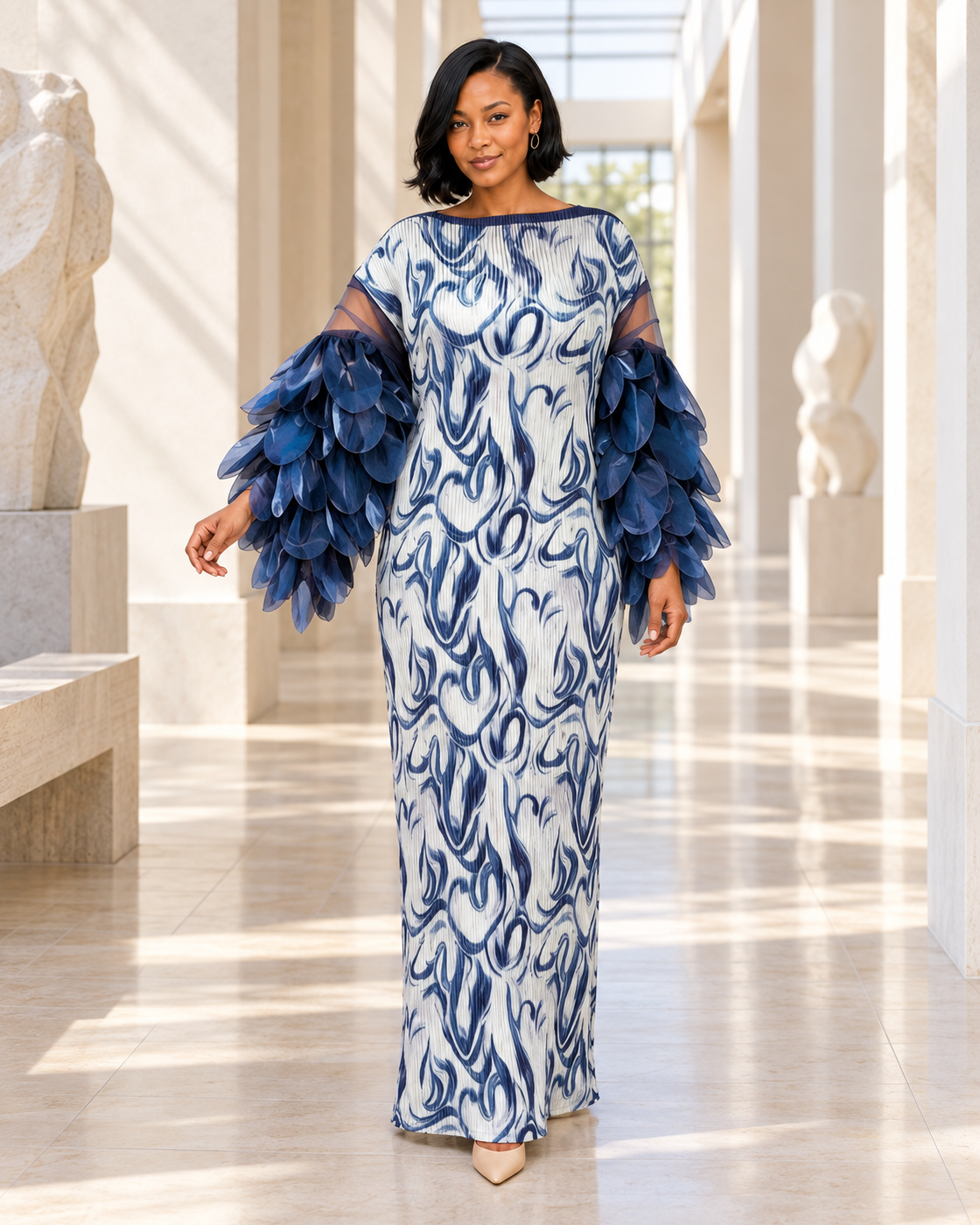 Ferina Petal-Sleeve Kaftan — Blue Swirl — Model 3 — front view