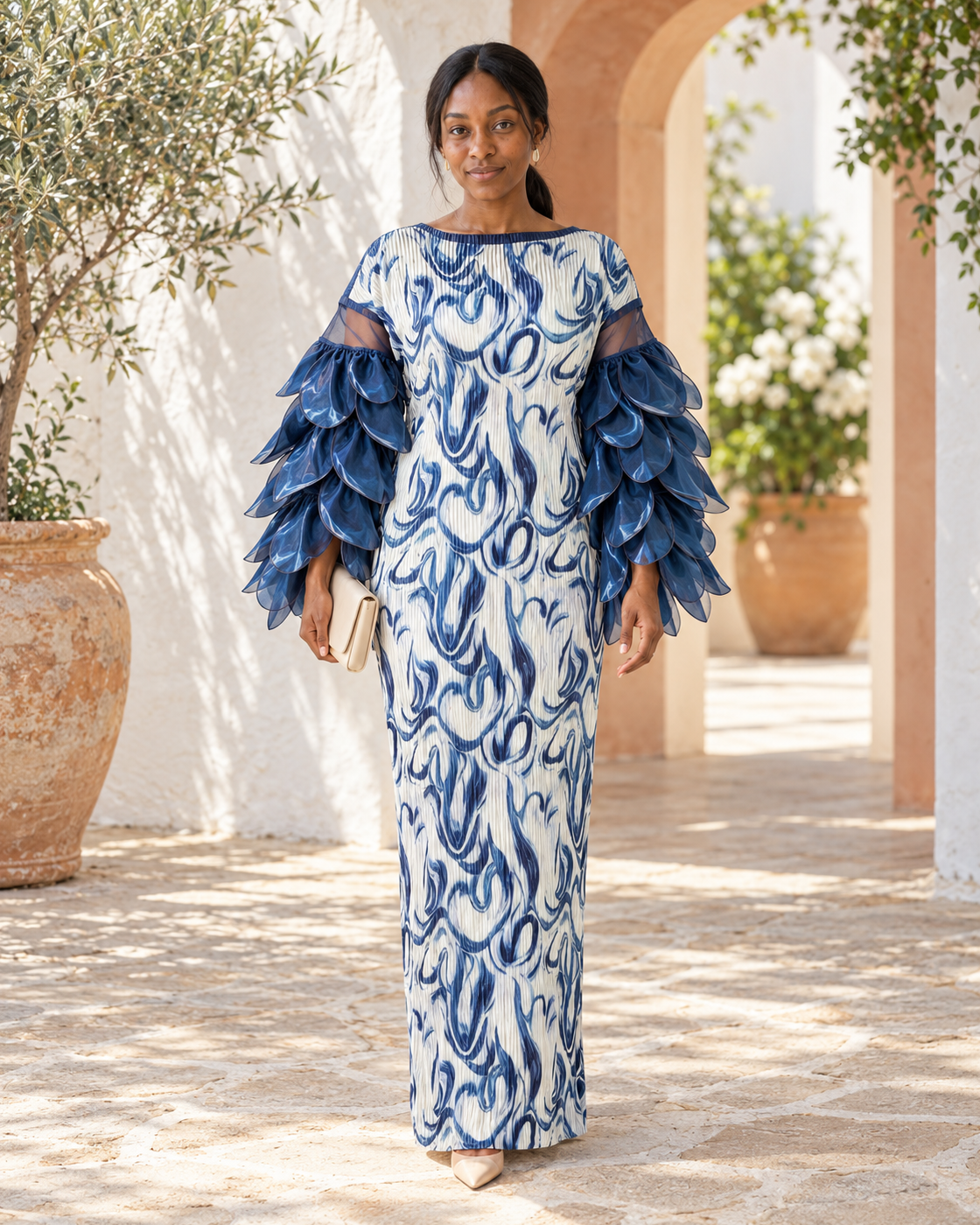 Ferina Petal-Sleeve Kaftan — Blue Swirl — Model 6 — front view