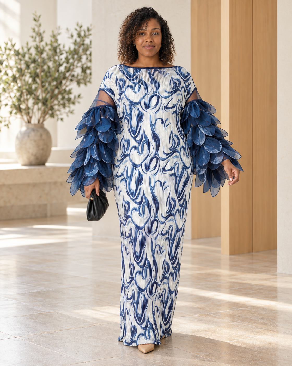 Ferina Petal-Sleeve Kaftan — Blue Swirl — Model 7 — front view