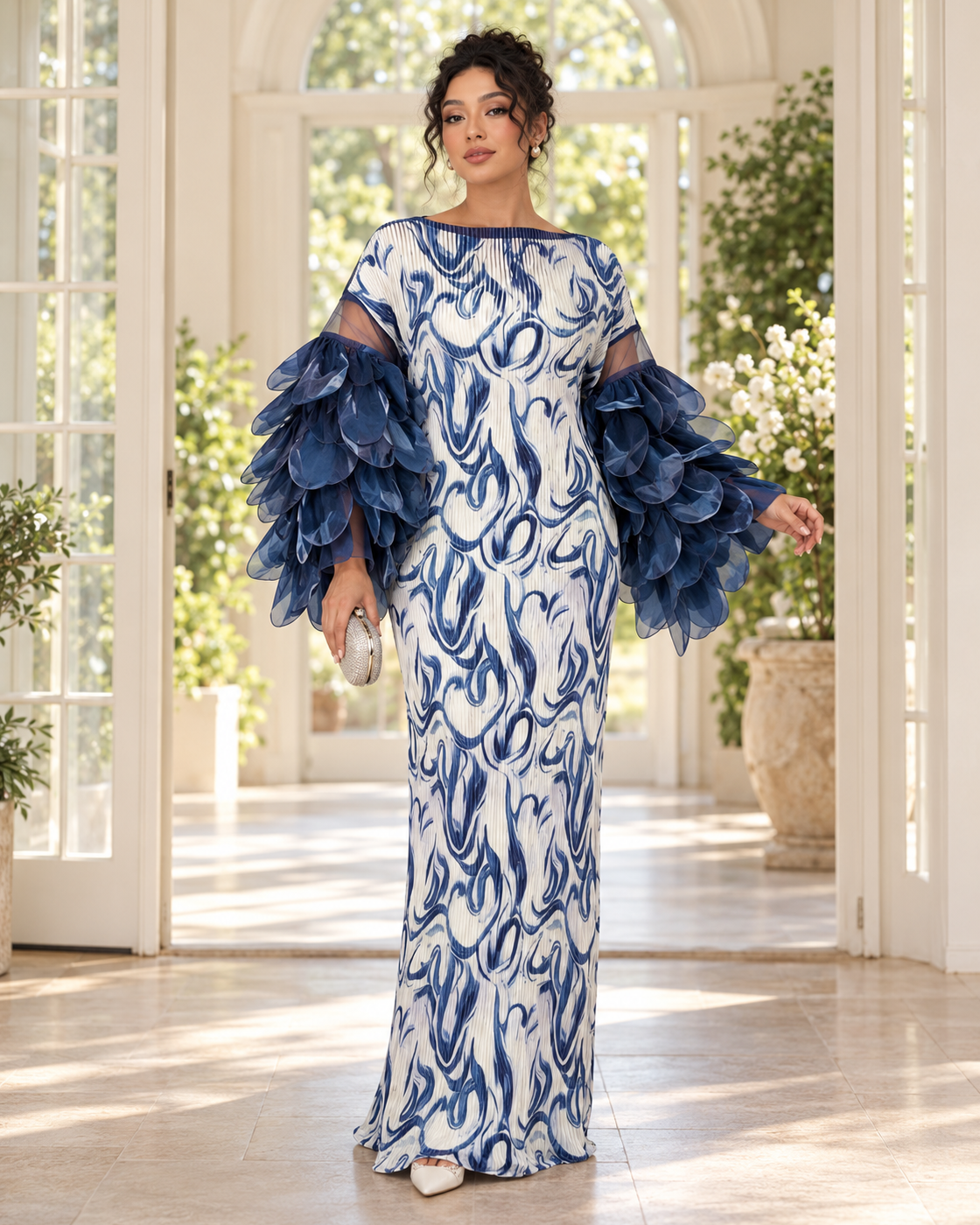 Ferina Petal-Sleeve Kaftan — Blue Swirl — Model 9 — front view