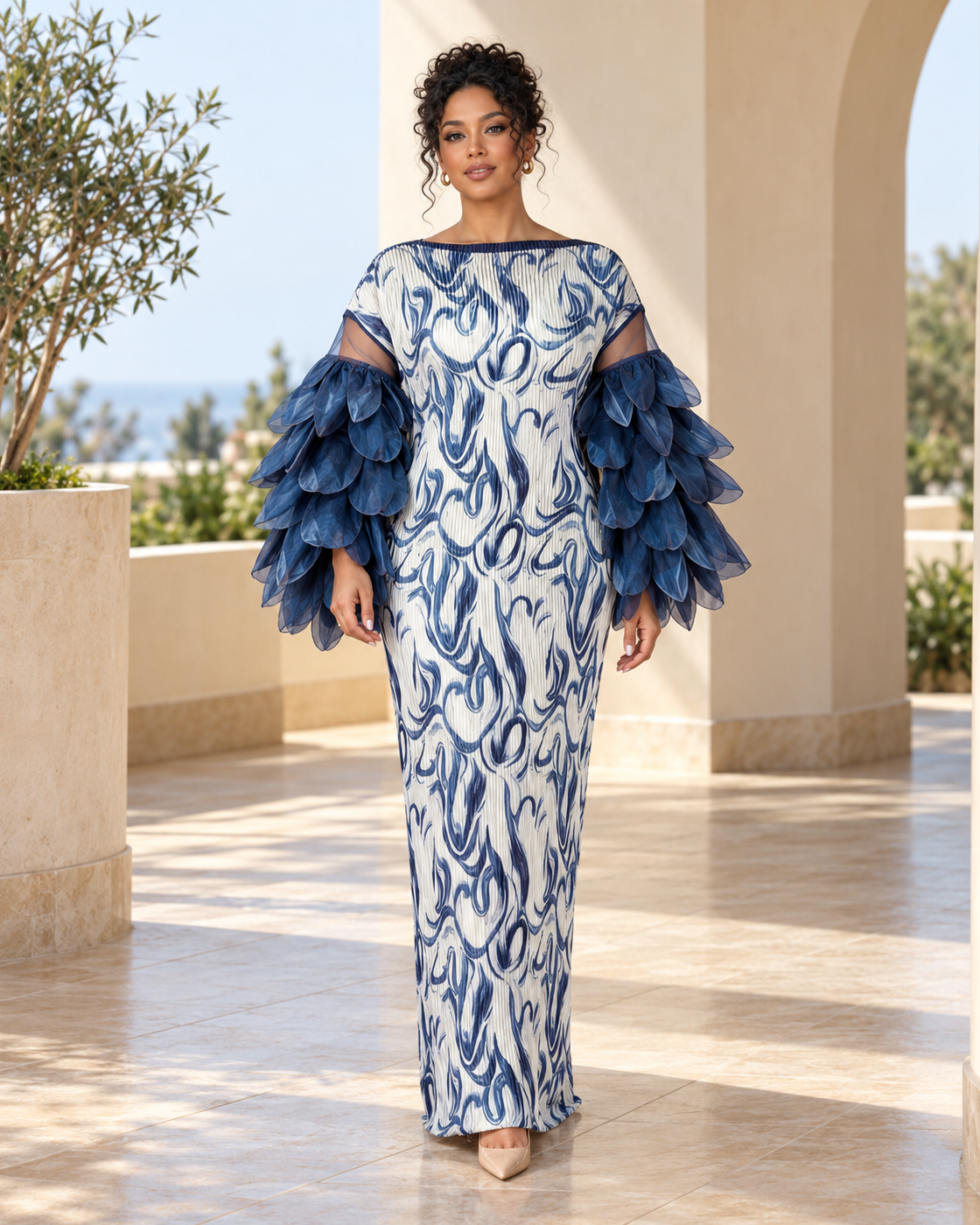 Ferina Petal-Sleeve Kaftan — Blue Swirl — Model 11 — front view