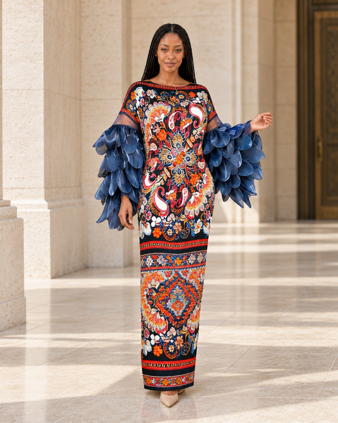 Ferina Petal-Sleeve Kaftan — Medallion Print — Model 1 — front view