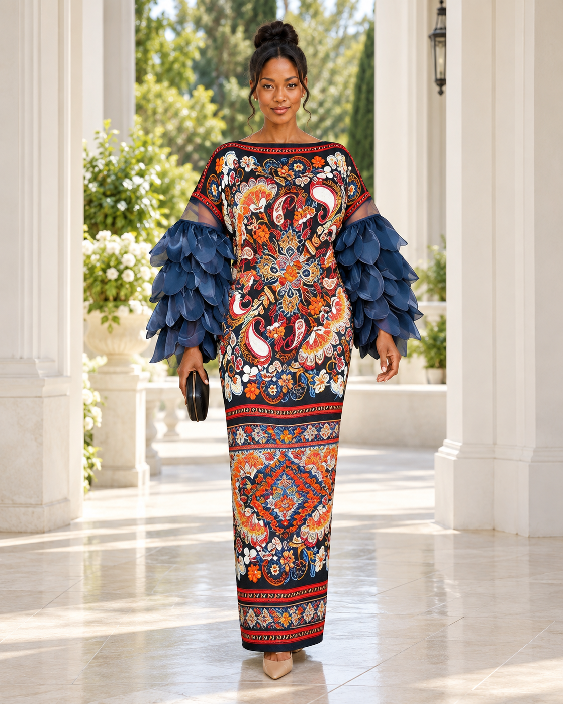 Ferina Petal-Sleeve Kaftan — Medallion Print — Model 4 — front view