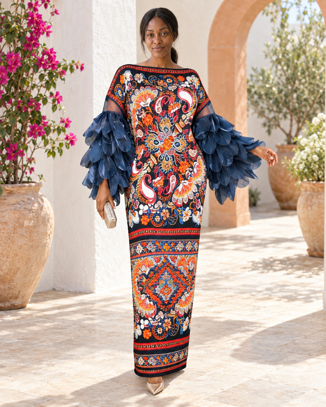Ferina Petal-Sleeve Kaftan — Medallion Print — Model 6 — front view