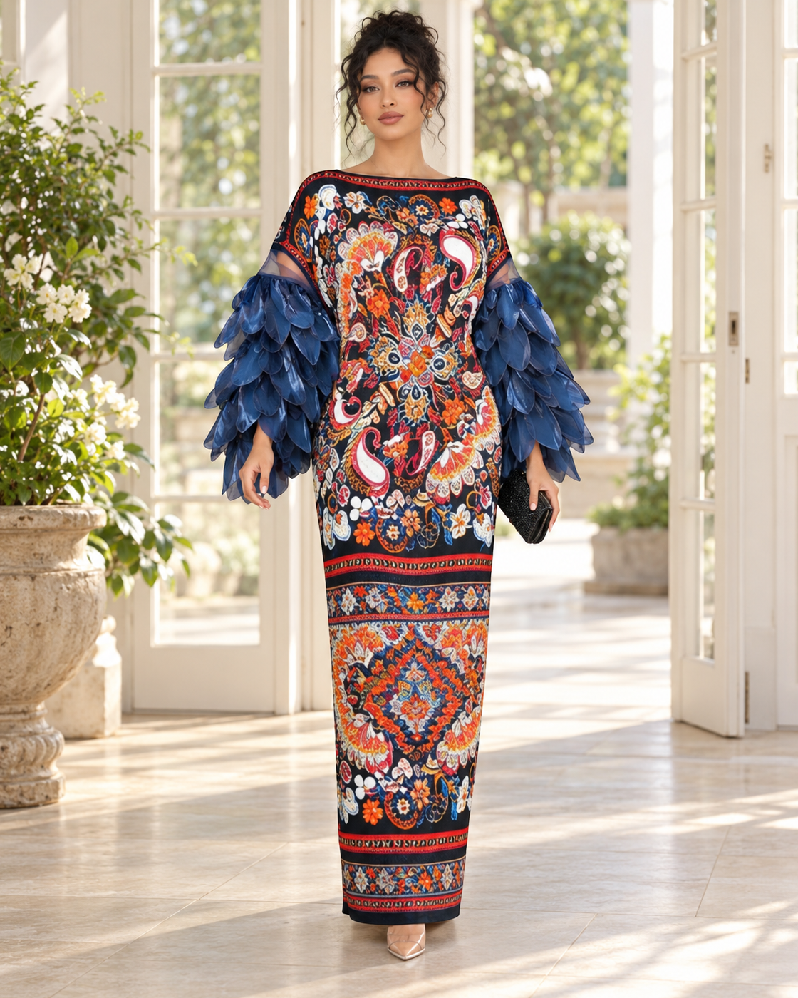 Ferina Petal-Sleeve Kaftan — Medallion Print — Model 9 — front view