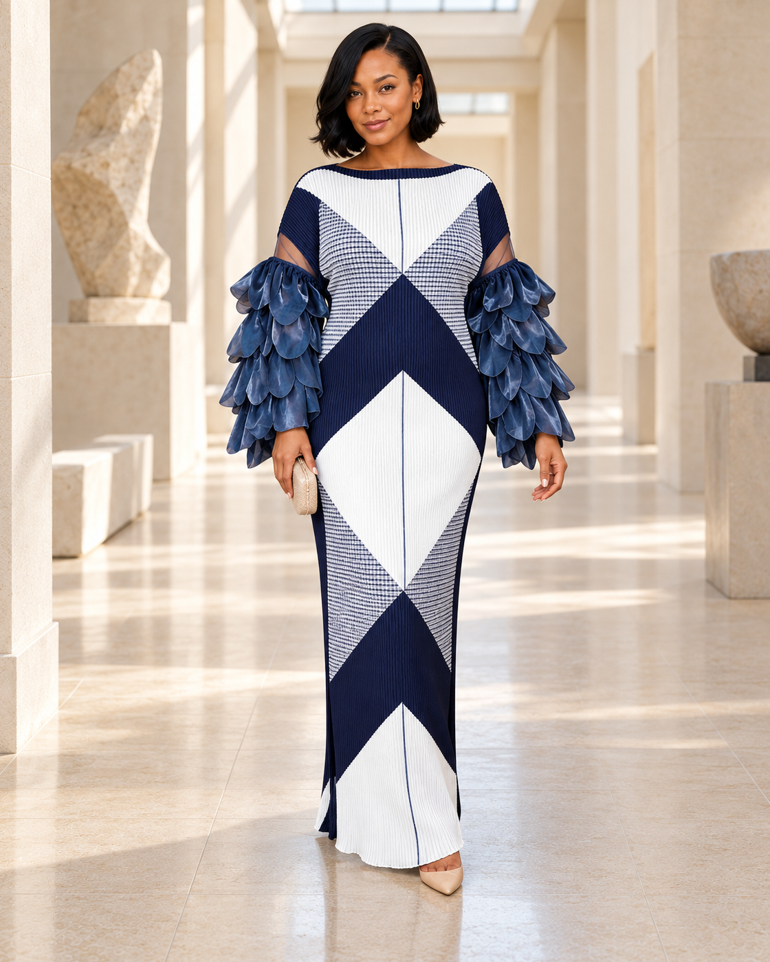 Ferina Petal-Sleeve Kaftan — Navy Geometric — Model 3 — front view
