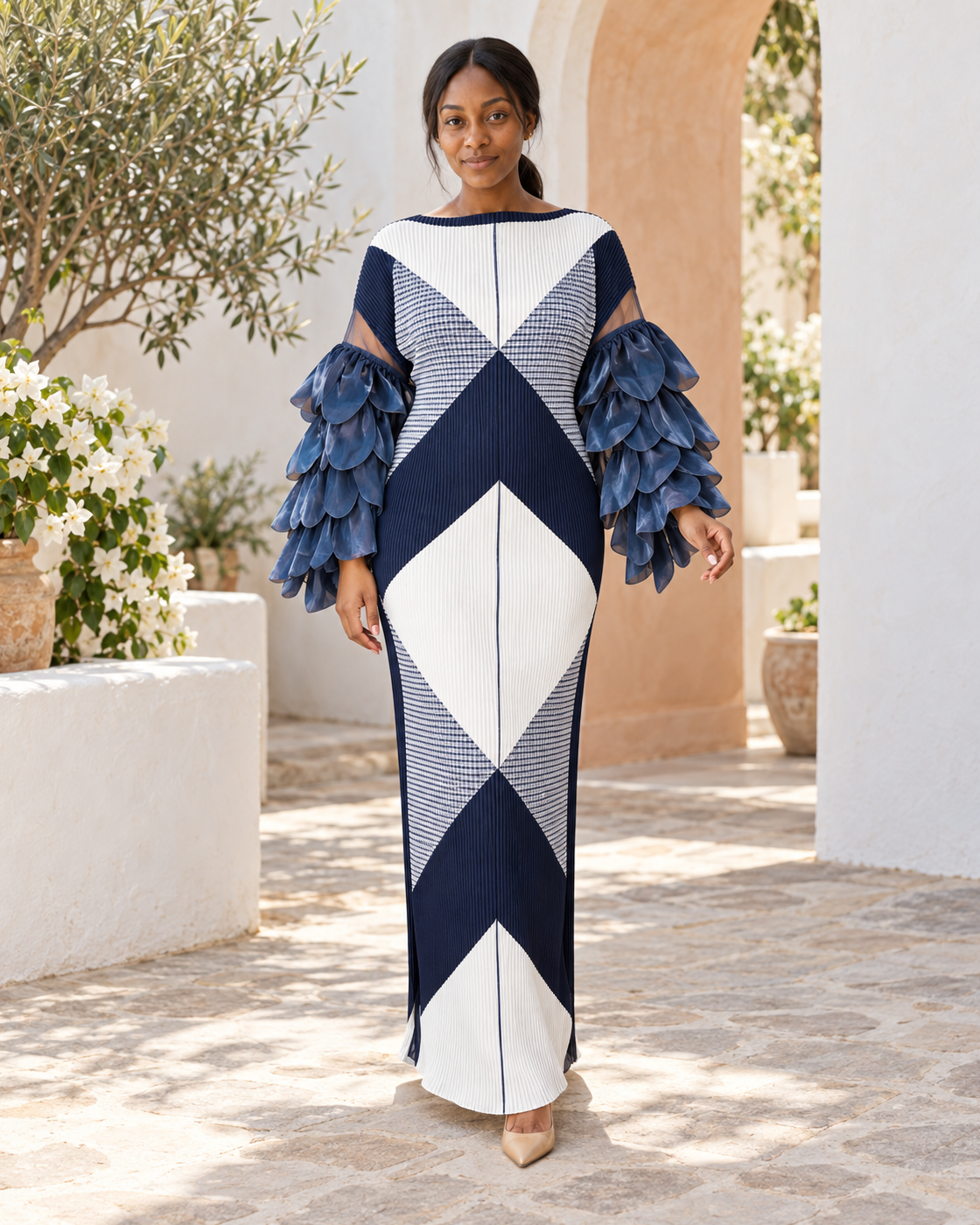Ferina Petal-Sleeve Kaftan — Navy Geometric — Model 6 — front view
