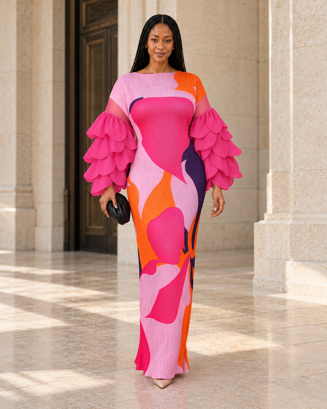 Ferina Petal-Sleeve Kaftan — Pink Abstract — Model 1 — front view