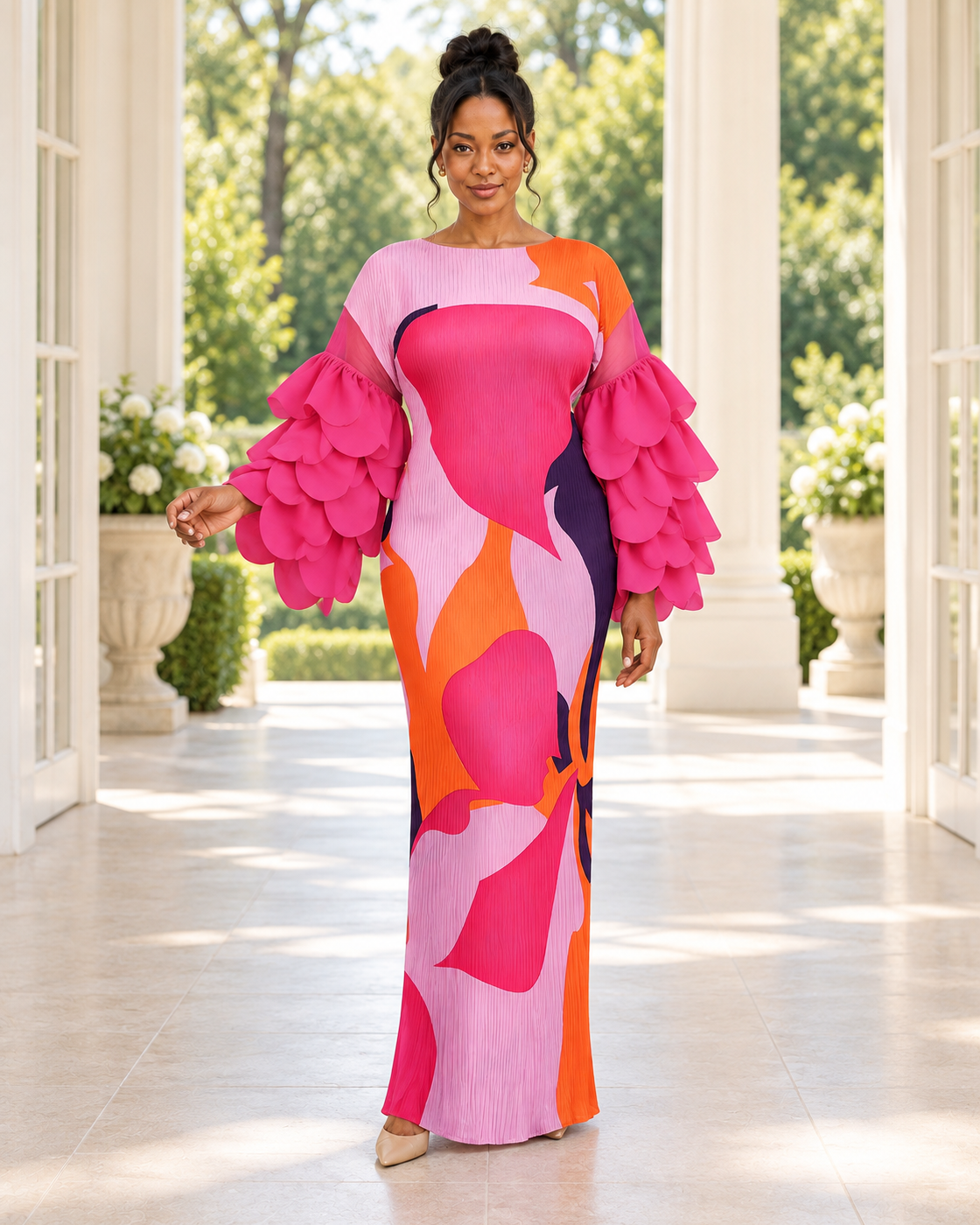Ferina Petal-Sleeve Kaftan — Pink Abstract — Model 4 — front view