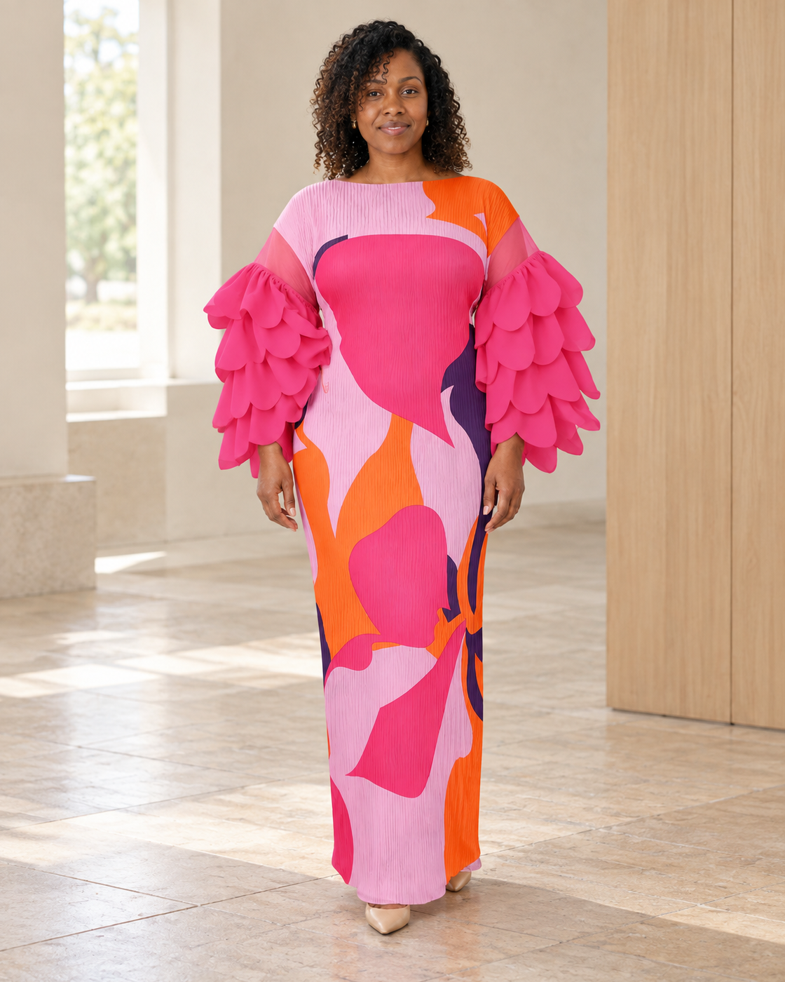 Ferina Petal-Sleeve Kaftan — Pink Abstract — Model 7 — front view