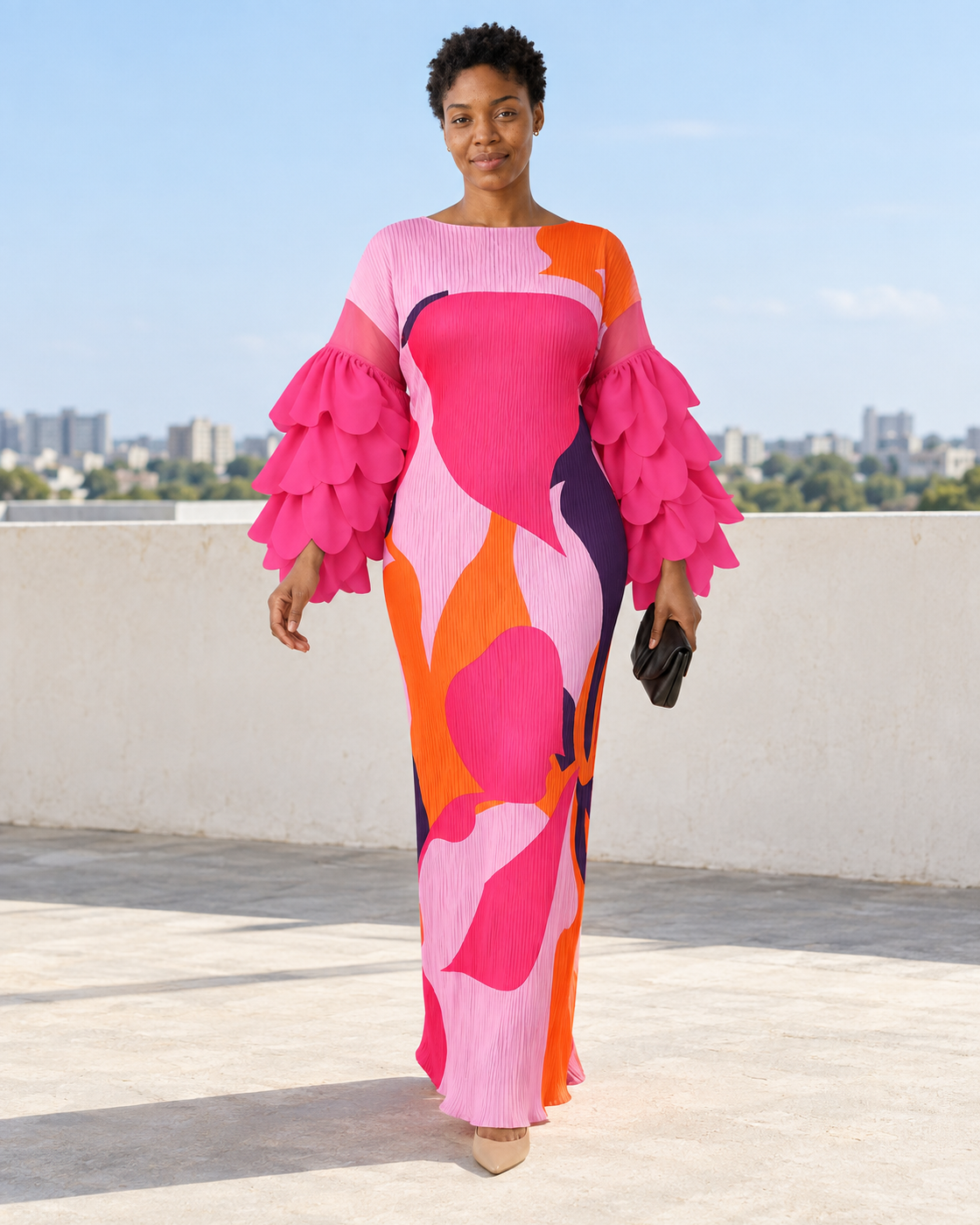Ferina Petal-Sleeve Kaftan — Pink Abstract — Model 8 — front view