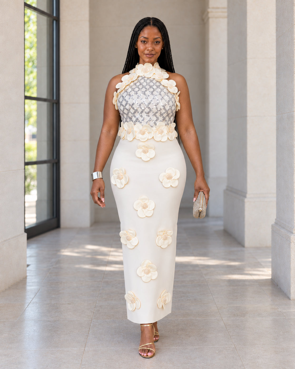 Fioretta Floral Bandage Dress in Beige, Model 1, front view