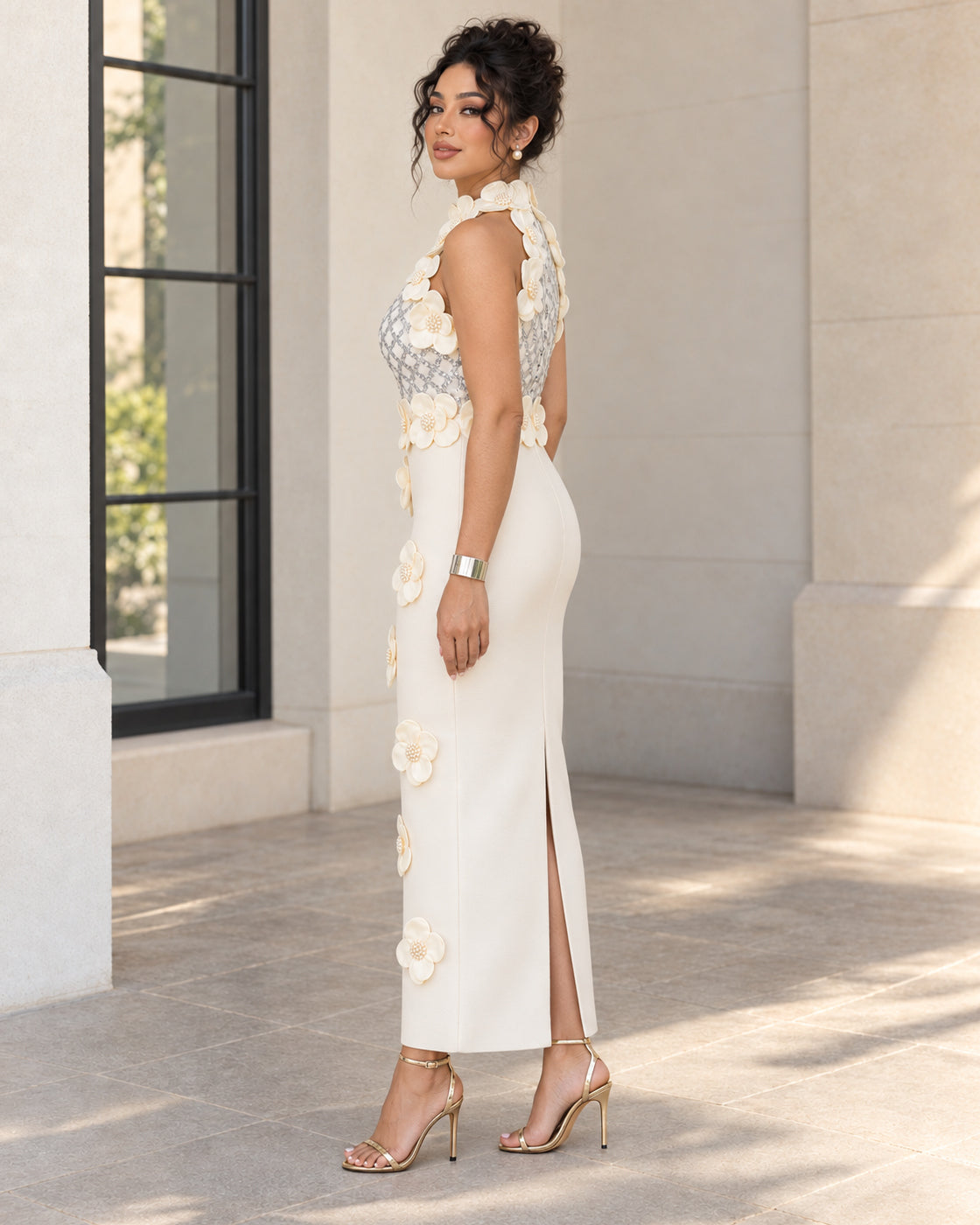 Fioretta Floral Bandage Dress in Beige, Model 9, side view