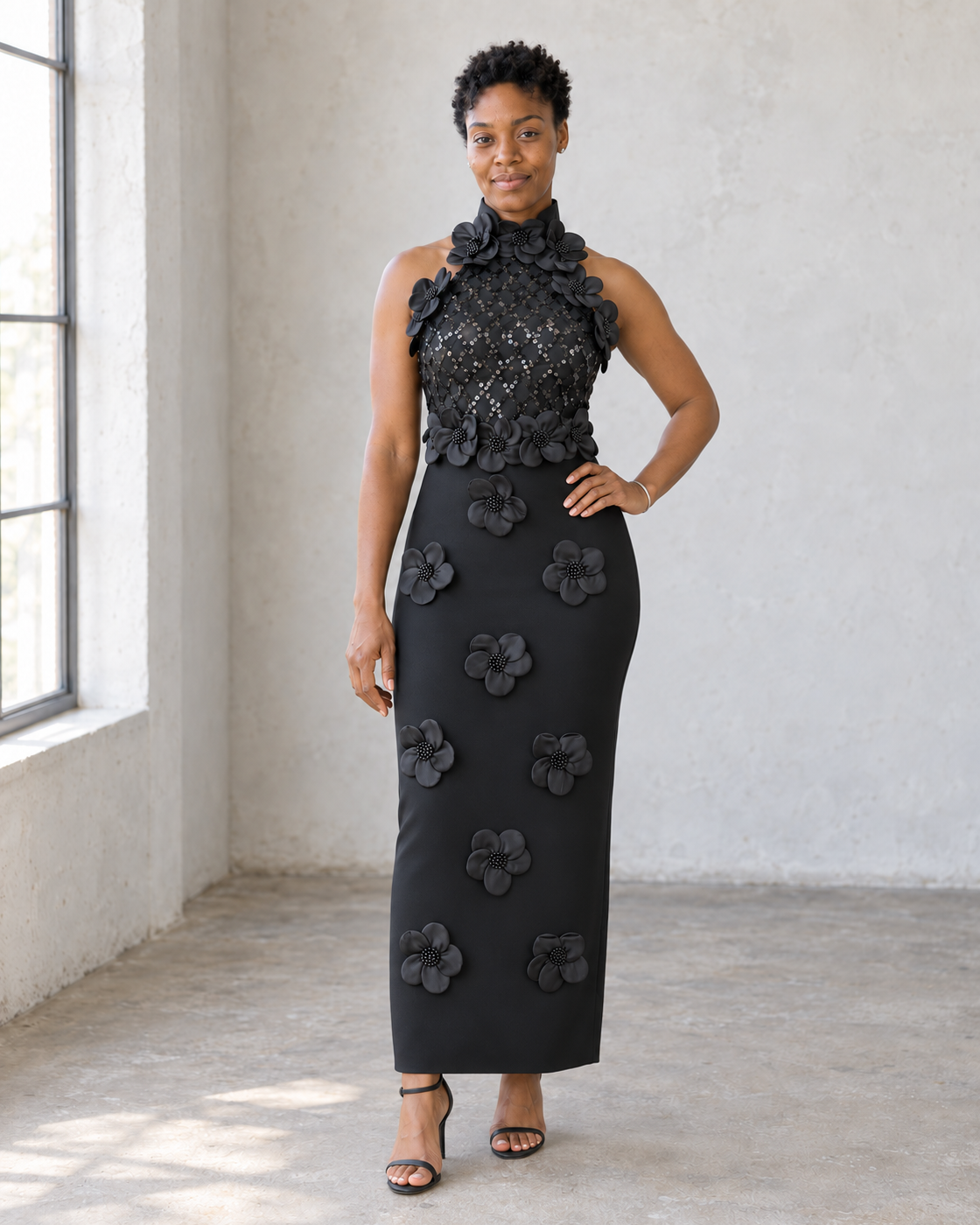 Fioretta Floral Bandage Dress in Black — Model 8, front view