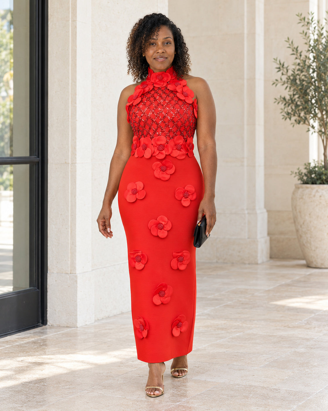 Fioretta Floral Bandage Dress in Red — Model 7, front view