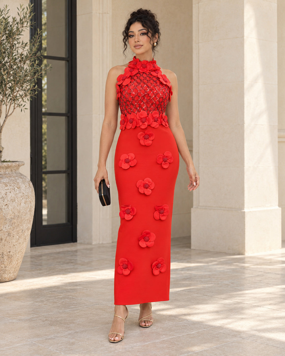 Fioretta Floral Bandage Dress in Red — Model 9, front view