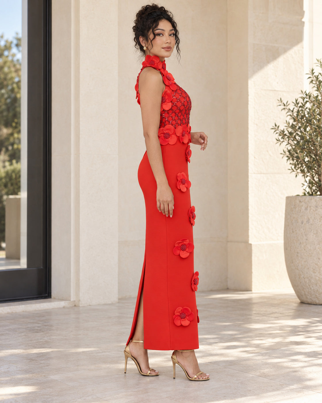 Fioretta Floral Bandage Dress in Red — Model 9, side view