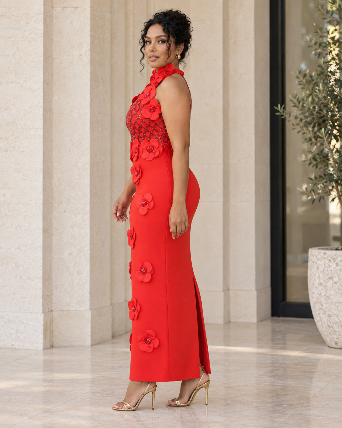 Fioretta Floral Bandage Dress in Red — Model 11, side view