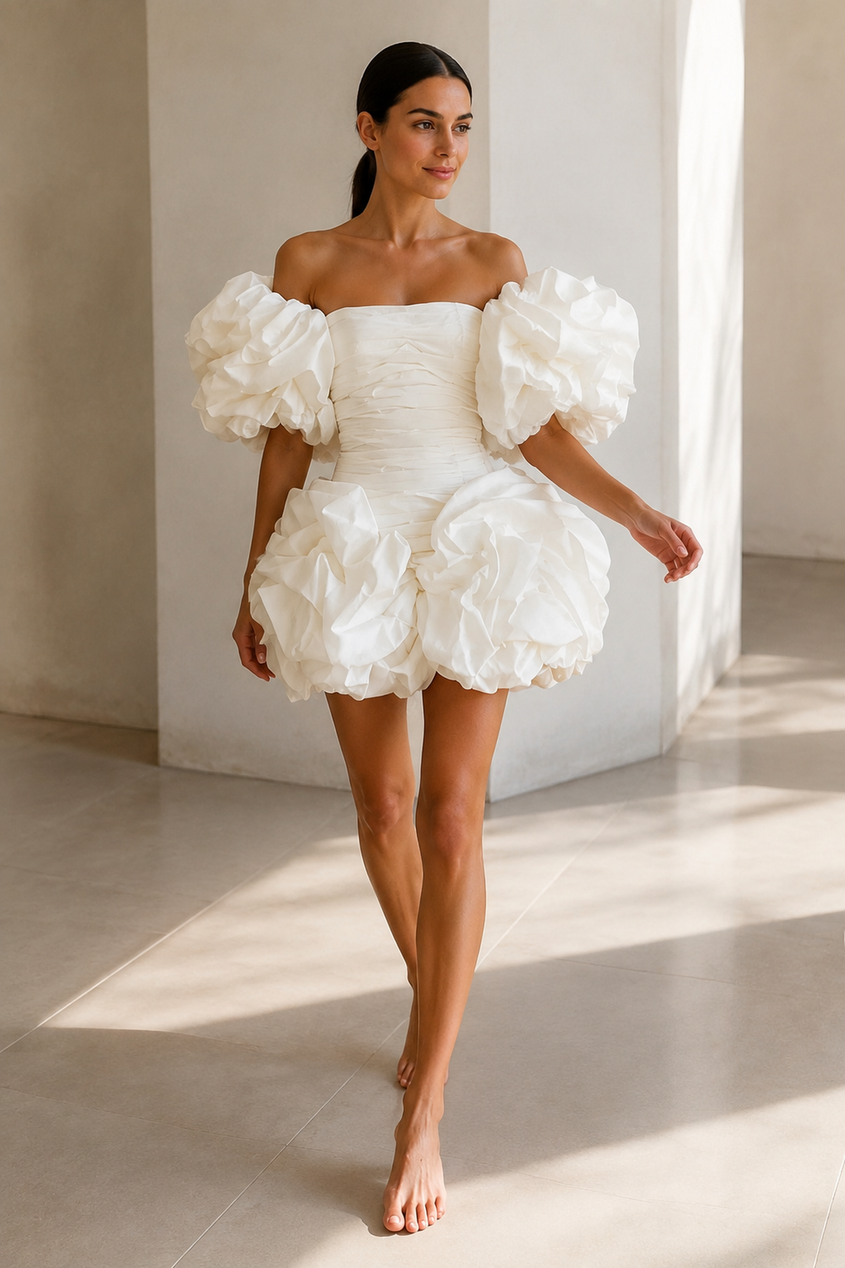 Florenne Floral Mini Dress in white, candid front side-step view