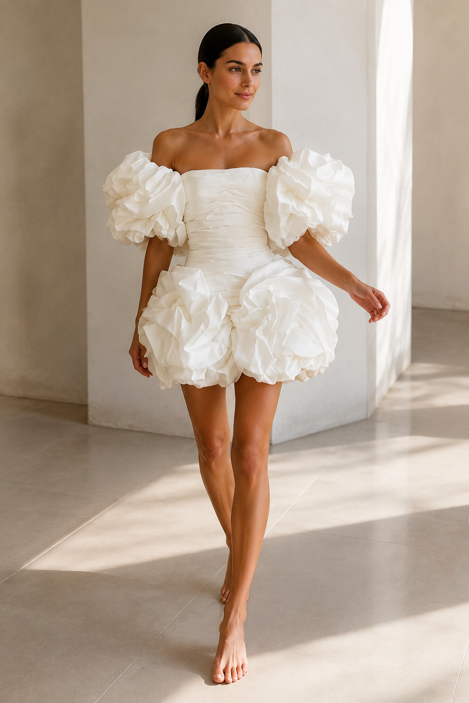 Florenne Floral Mini Dress in white, candid front side-step view