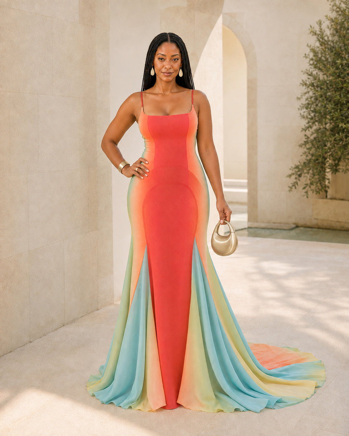 Isadora Sunset Train Dress - Rainbow Ombre - Model 1 - Front styled look