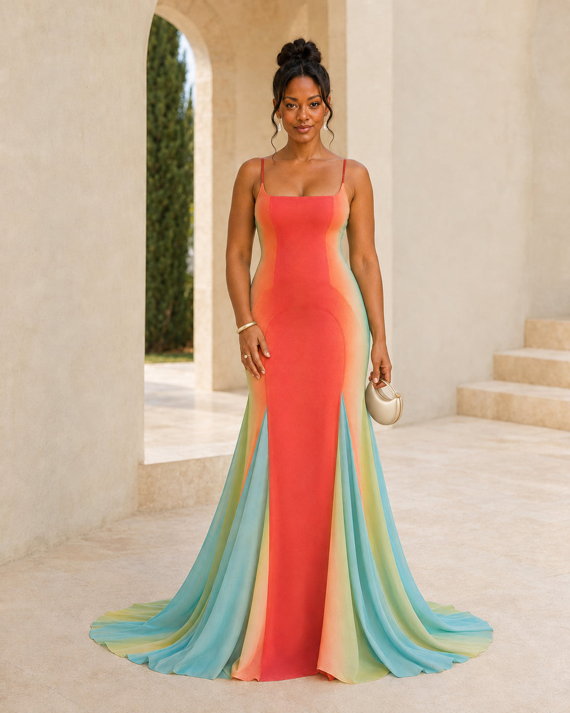Isadora Sunset Train Dress - Rainbow Ombre - Model 4 - Front styled look