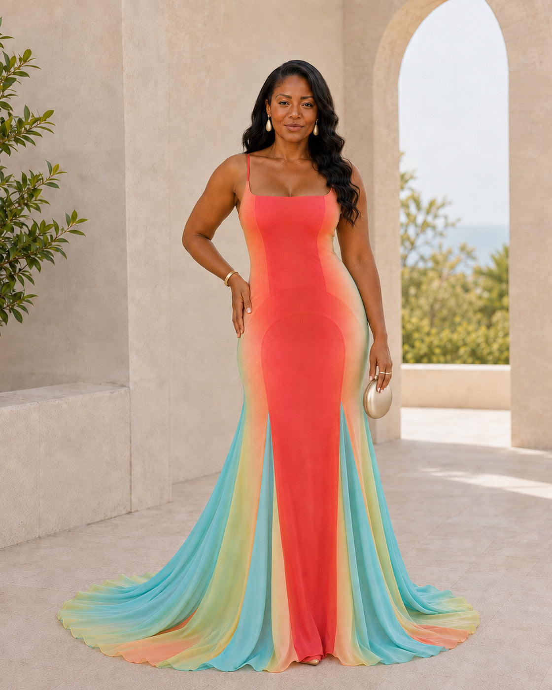 Isadora Sunset Train Dress - Rainbow Ombre - Model 5 - Front styled look