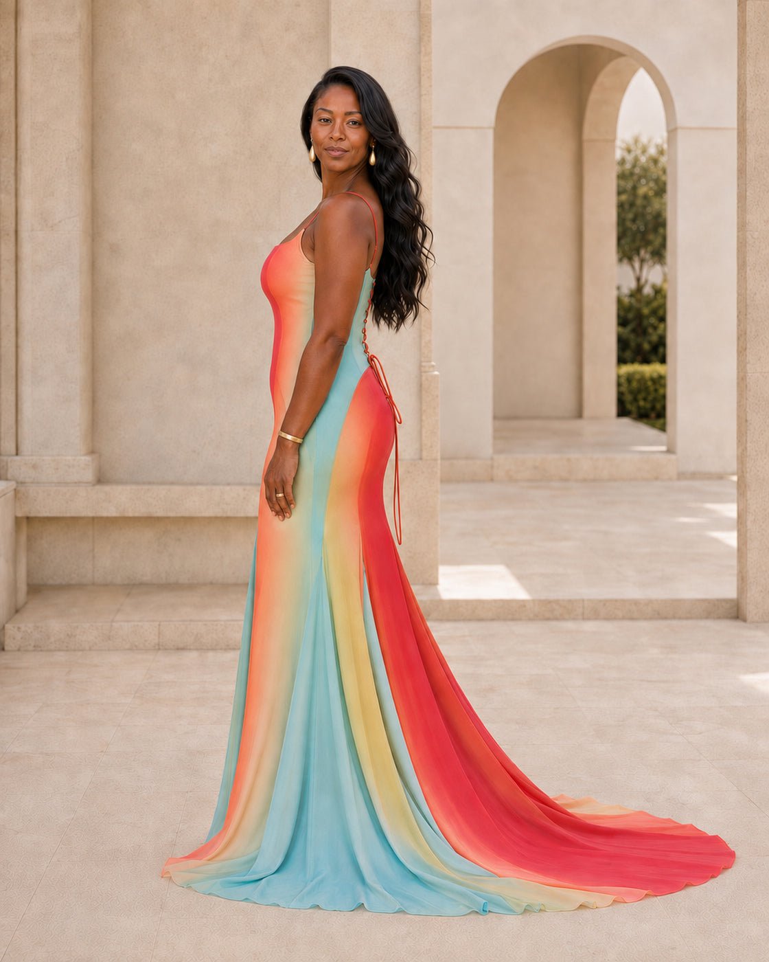 Isadora Sunset Train Dress - Rainbow Ombre - Model 5 - True side styled look