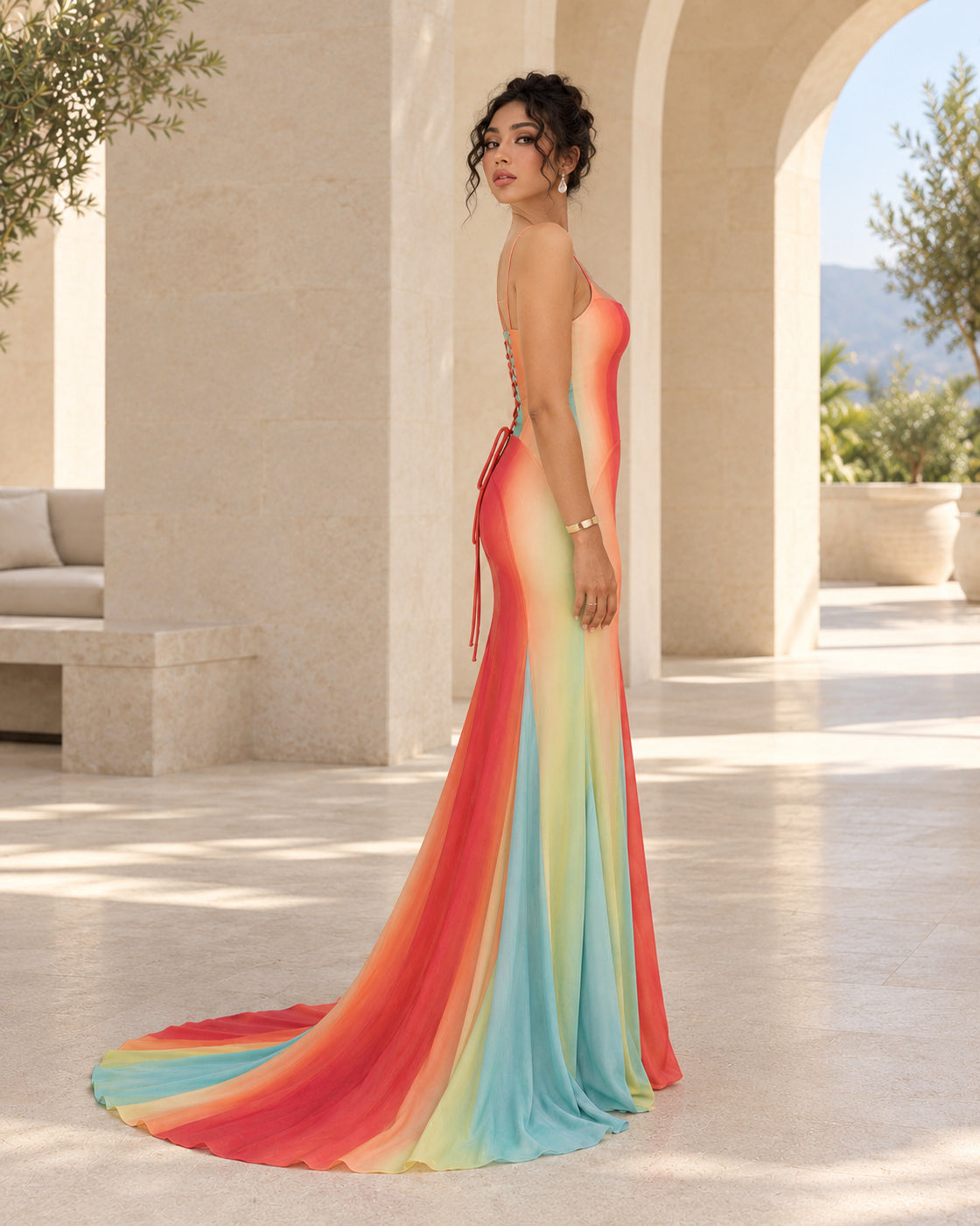 Isadora Sunset Train Dress - Rainbow Ombre - Model 9 - True side styled look