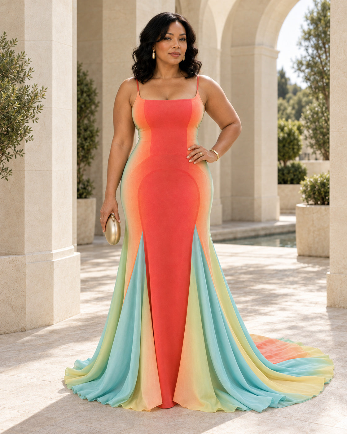 Isadora Sunset Train Dress - Rainbow Ombre - Model 10 - Front styled look