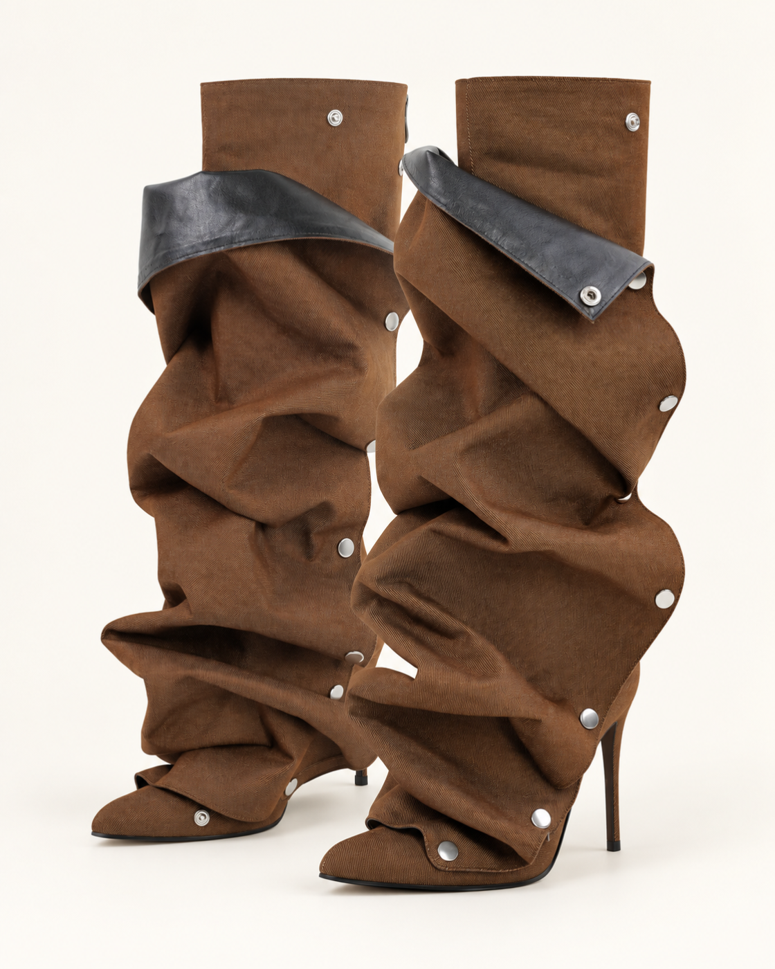 Ismerie Gaiter Boots in Brown, pair with folded cuffs and silver-tone snaps