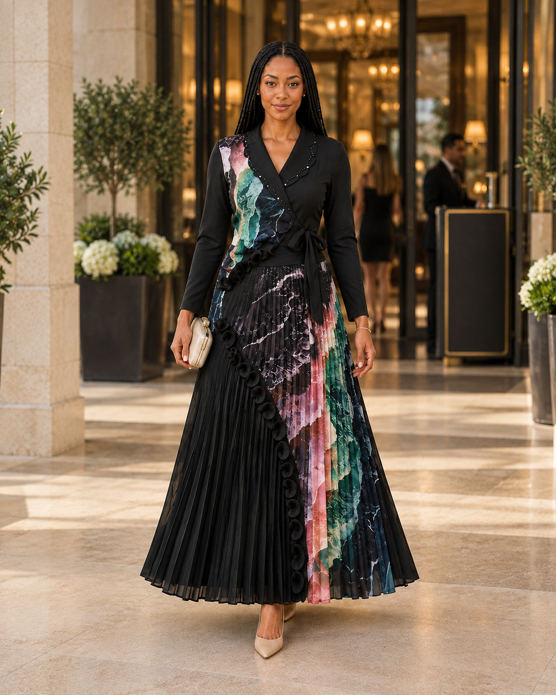 Isolde Ruffle Pleated Set in Black on Model 1, front lifestyle view
