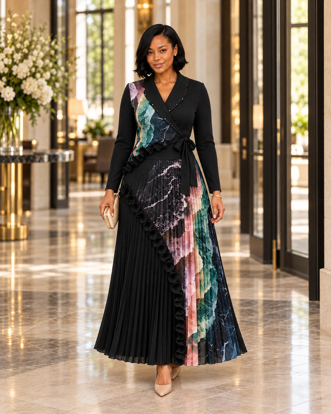 Isolde Ruffle Pleated Set in Black on Model 3, front lifestyle view