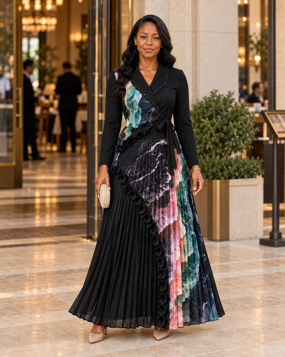 Isolde Ruffle Pleated Set in Black on Model 5, front lifestyle view