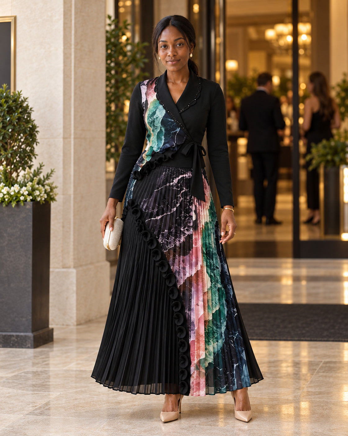 Isolde Ruffle Pleated Set in Black on Model 6, front lifestyle view