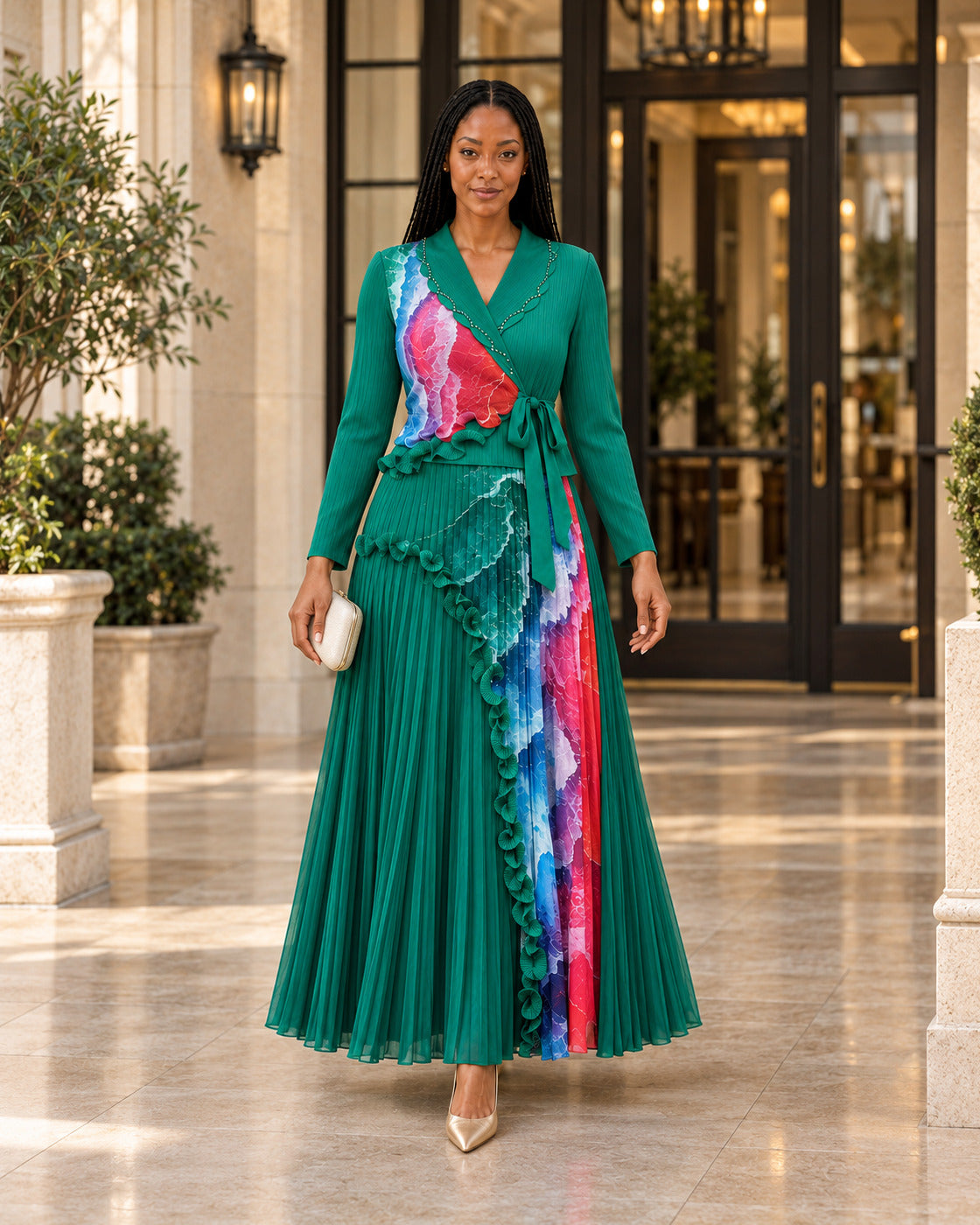 Isolde Ruffle Pleated Set in Emerald Green on Model 1, front lifestyle view