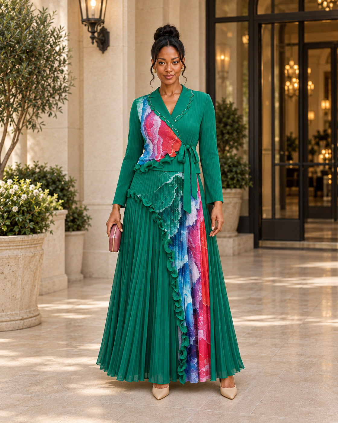 Isolde Ruffle Pleated Set in Emerald Green on Model 4, front lifestyle view