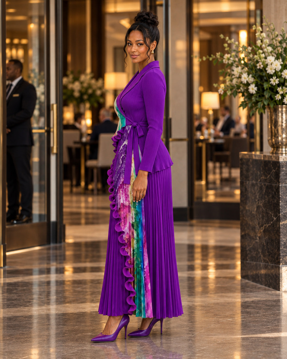 Isolde Ruffle Pleated Set in Purple on Model 4, true side lifestyle view