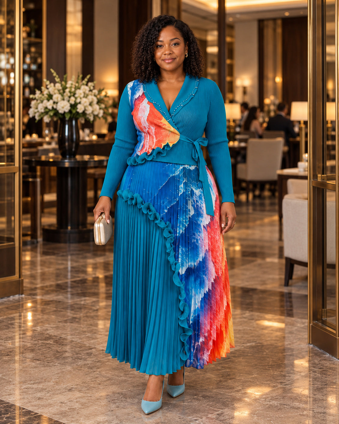 Isolde Ruffle Pleated Set in Turquoise on Model 7, front lifestyle view