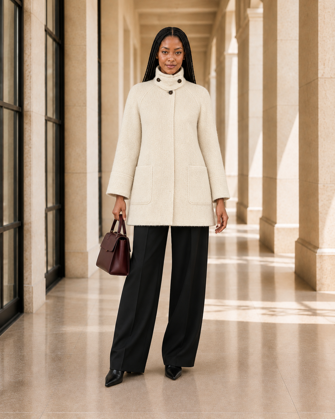 Ivielle Funnel Coat in cream — approved Model 1 front view