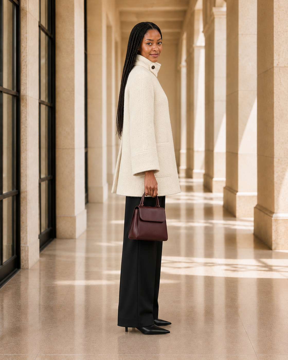 Ivielle Funnel Coat in cream — approved Model 1 side view