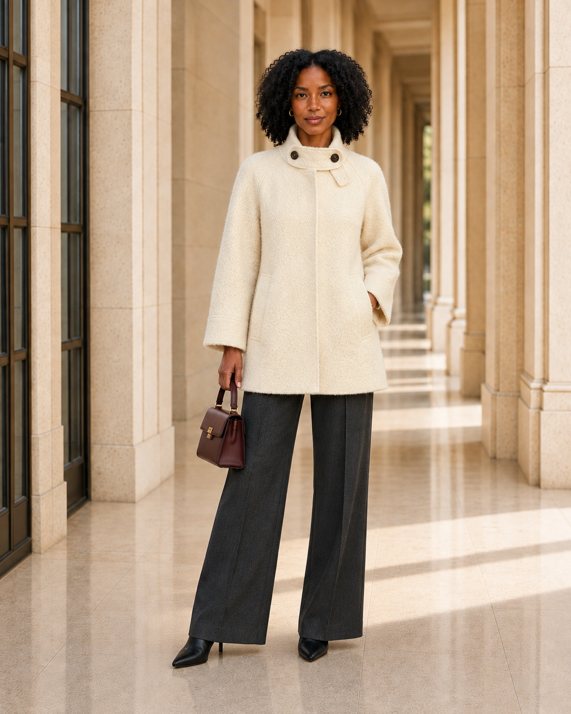 Ivielle Funnel Coat in cream — approved Model 2 front view
