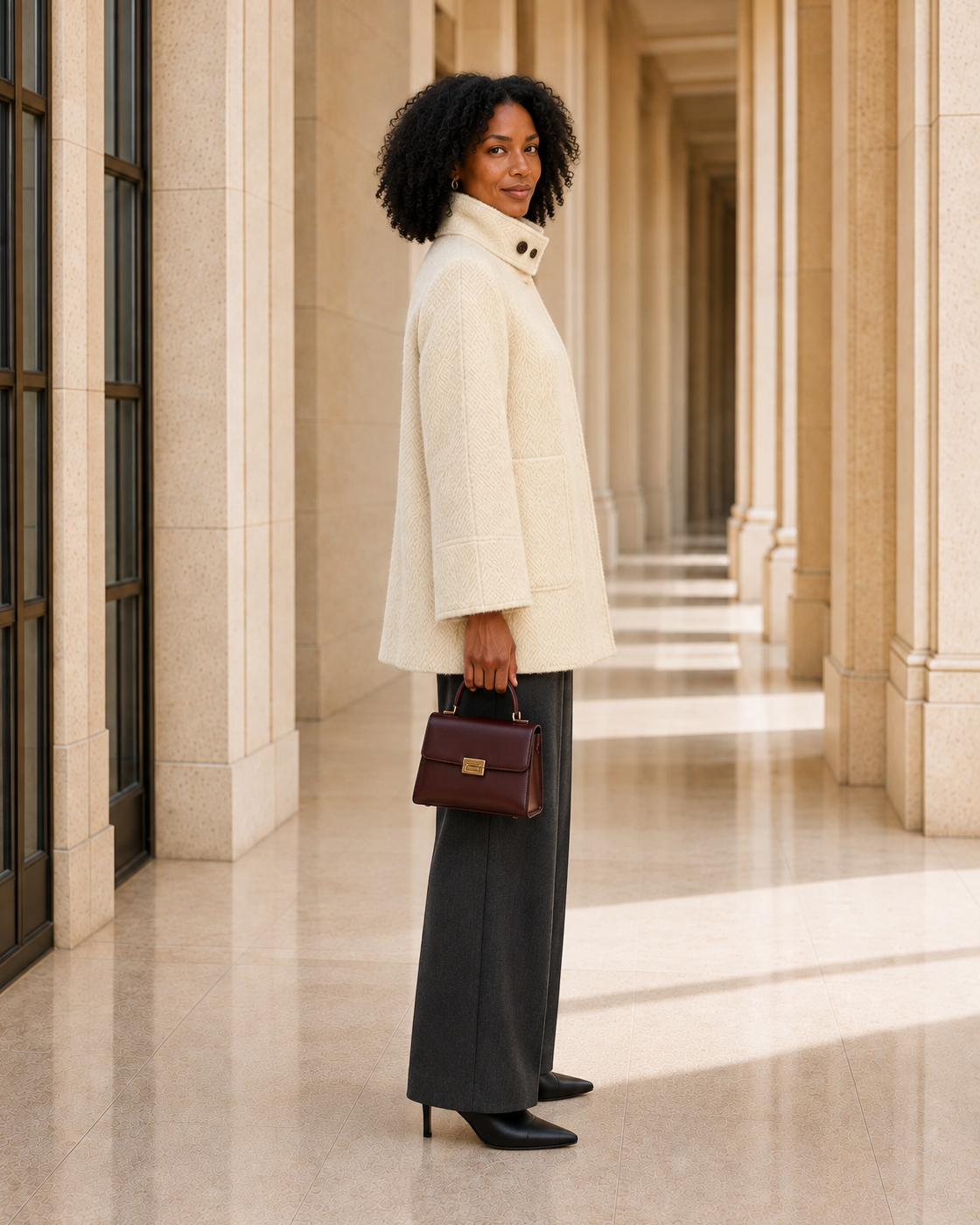 Ivielle Funnel Coat in cream — approved Model 2 side view