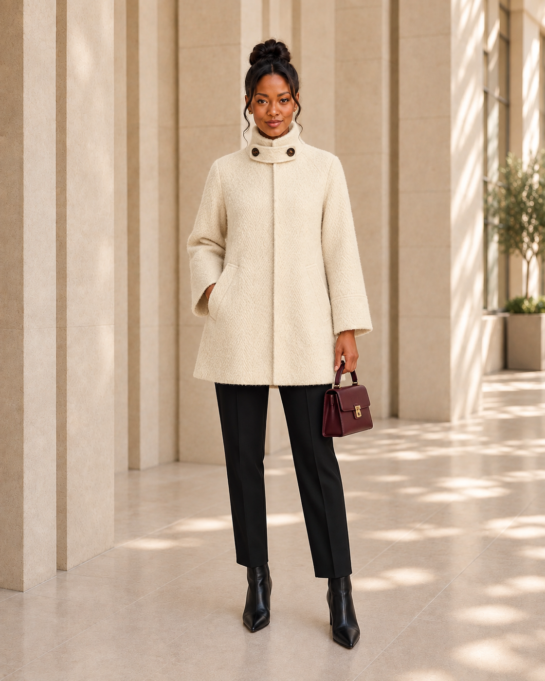 Ivielle Funnel Coat in cream — approved Model 4 front view