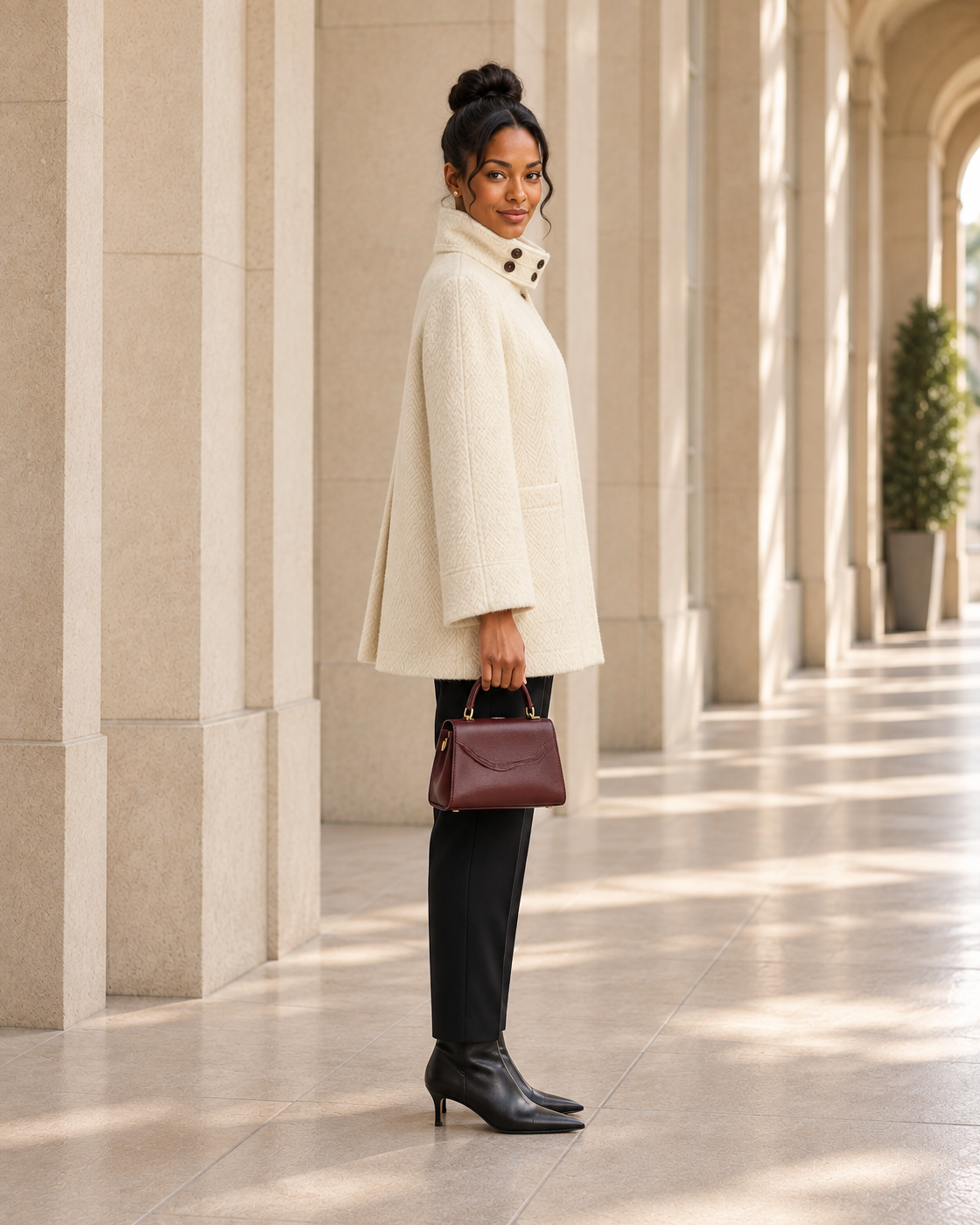 Ivielle Funnel Coat in cream — approved Model 4 side view