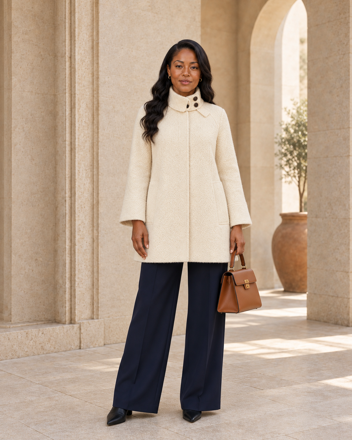 Ivielle Funnel Coat in cream — approved Model 5 front view