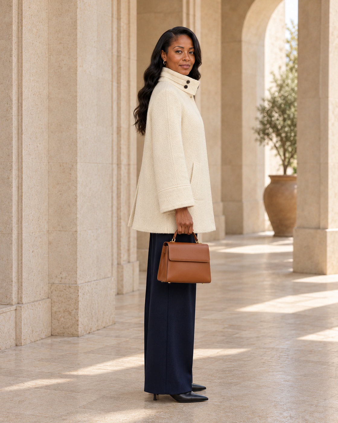 Ivielle Funnel Coat in cream — approved Model 5 side view