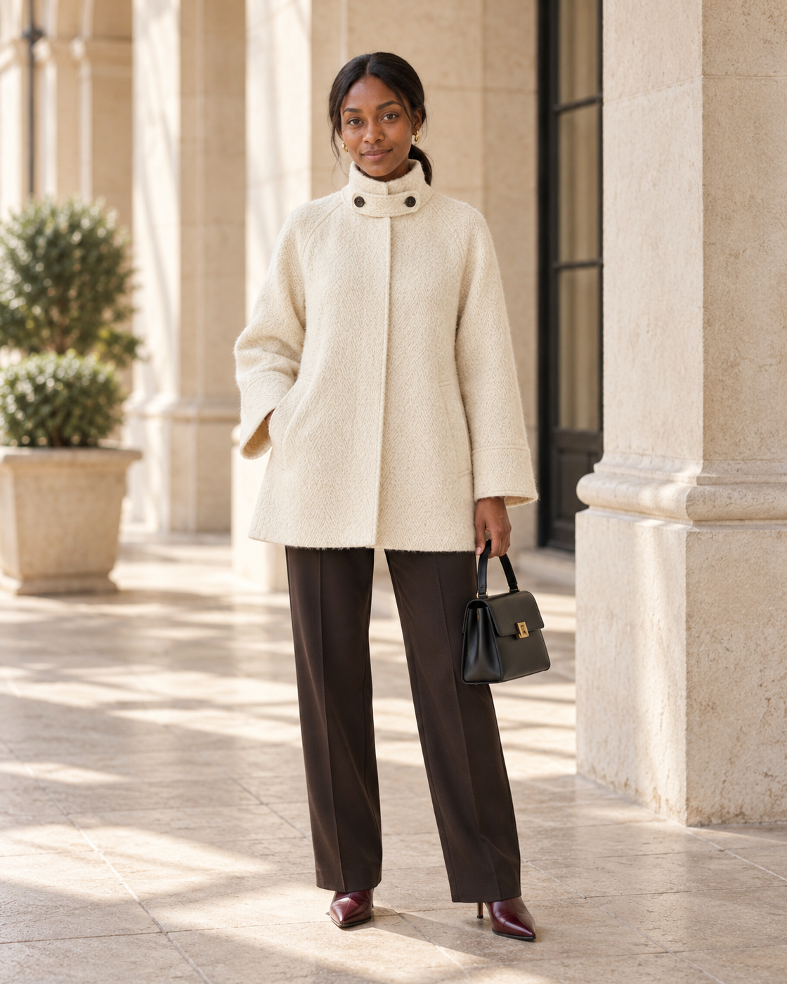 Ivielle Funnel Coat in cream — approved Model 6 front view